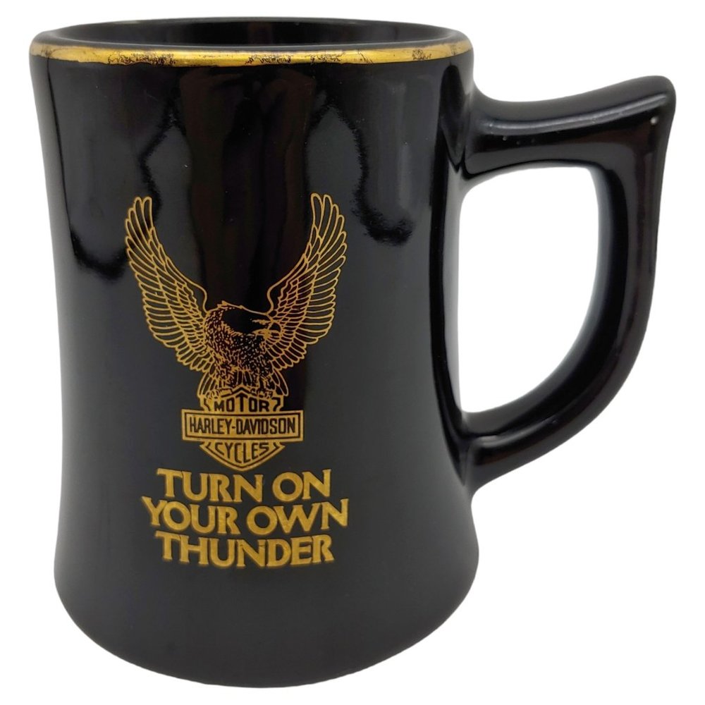 Harley Davidson Tomahawk Division Coffee Mug, 12oz vtg 70s Black Gold Eagle Logo